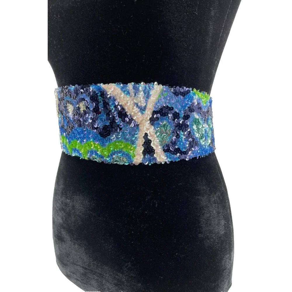 Vintage La Mendola August Mod Heart Hand Beaded Blue Pure Silk Chiffon Belt